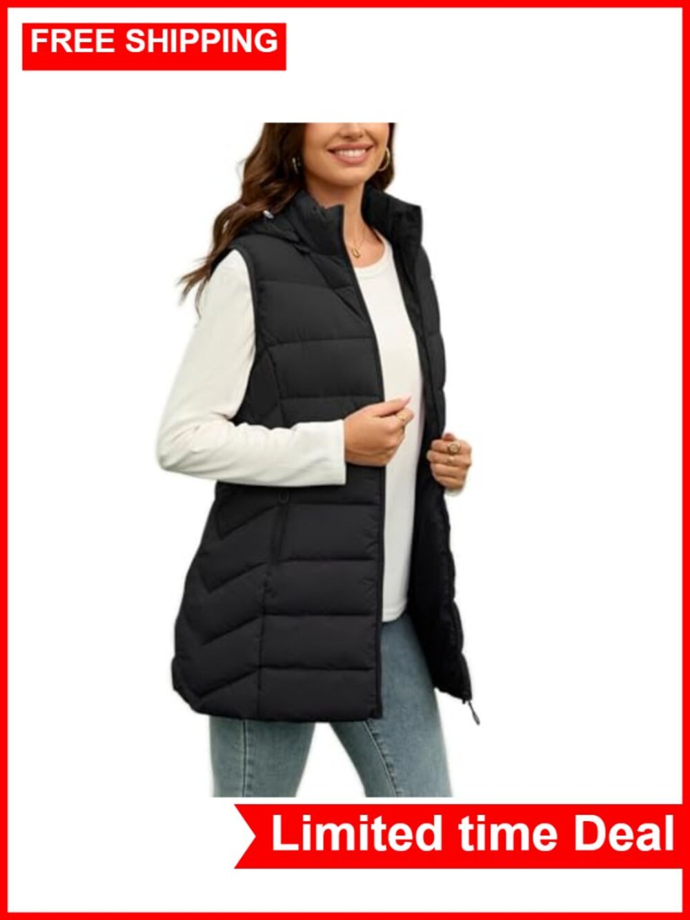 Fleece-Lined Long Puffer Vest Sleeveless Hooded Quilted Winter Layers
